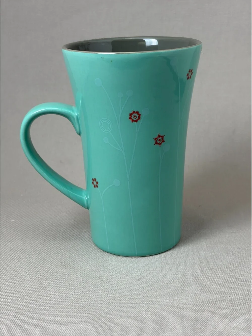 Caribou Coffee Tall Latte Mug Seafoam Teal Grey Snowflake Floral Ceramic Cup 16o